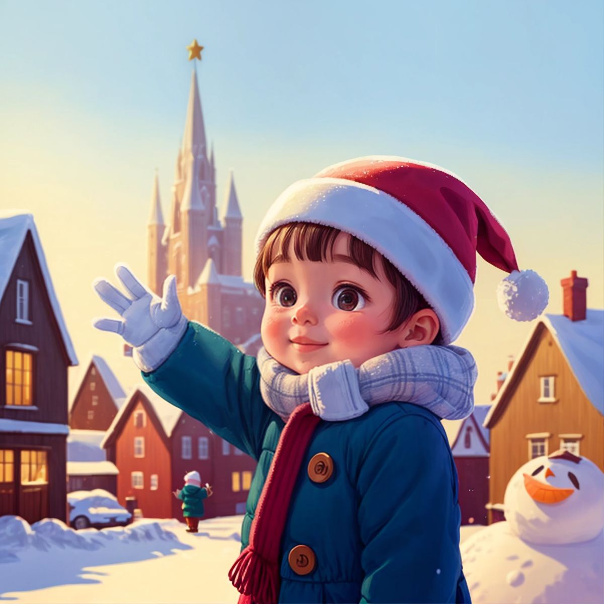 A child waving goodbye to a melting Frosty