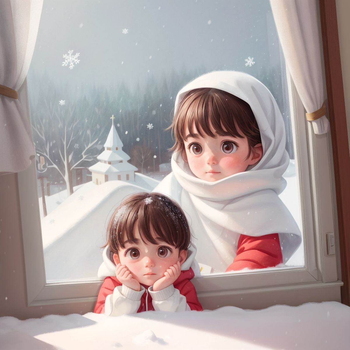 A child looking out of a window at falling snowflakes