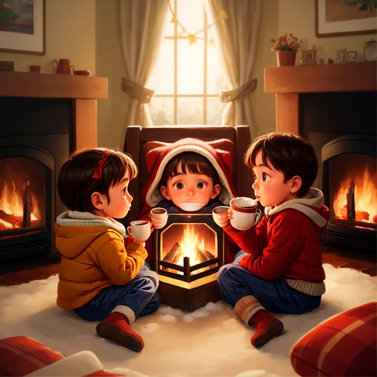 Children sitting by a fireplace, drinking hot cocoa