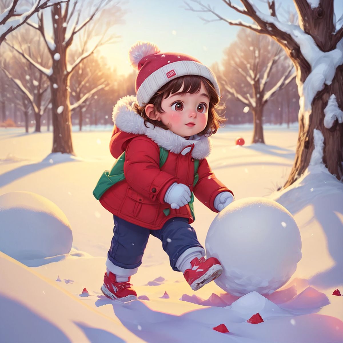 A child, with rosy cheeks, rolling a snowball