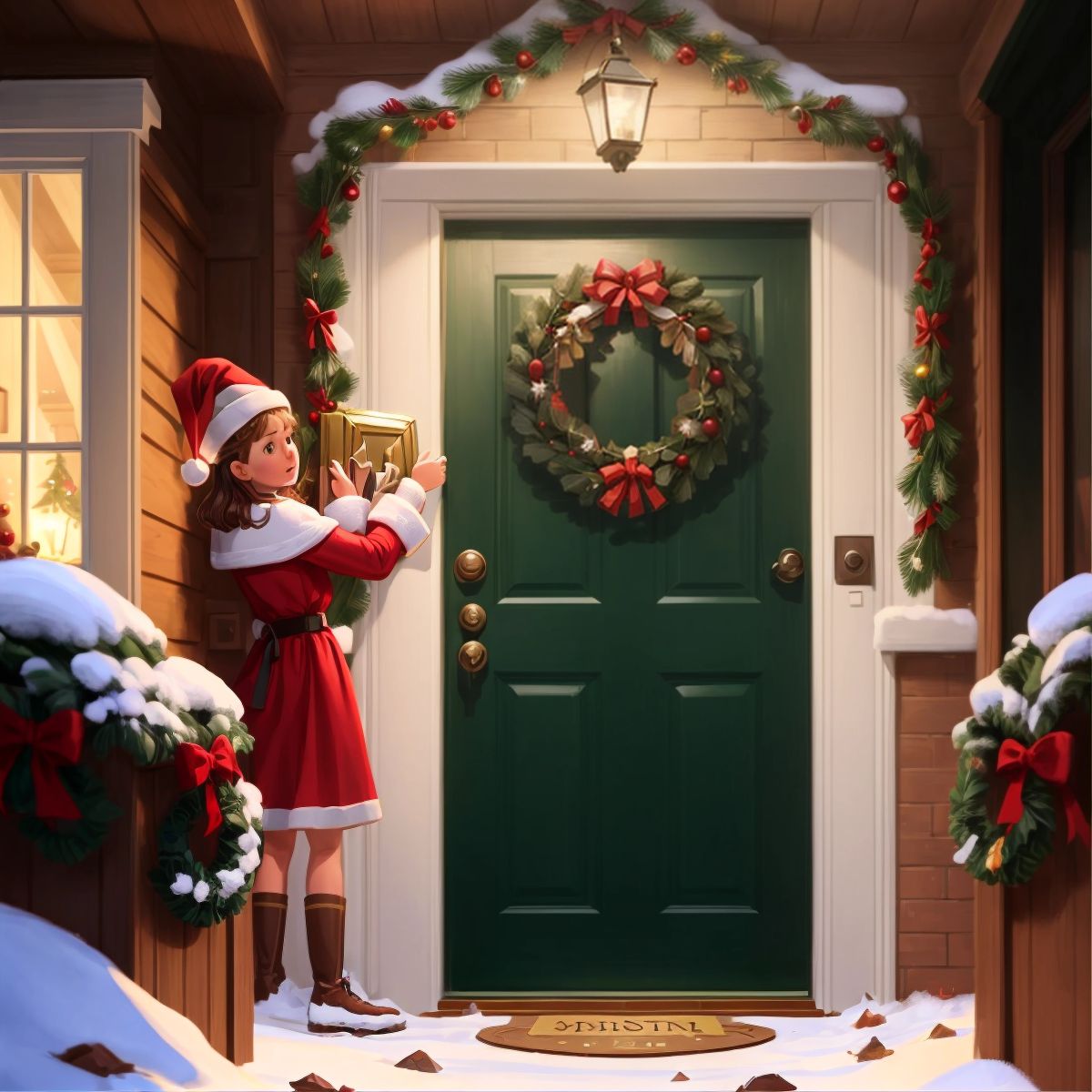 A door with a Christmas wreath, and a surprised neighbor finding a present on their doorstep.