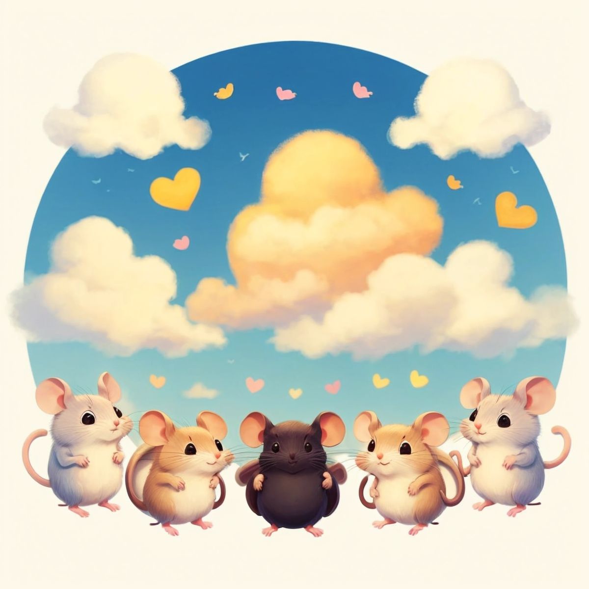 Flopsy, Tovy, Channey, and the mice, looking satisfied and happy, with a heart-shaped cloud in the sky.