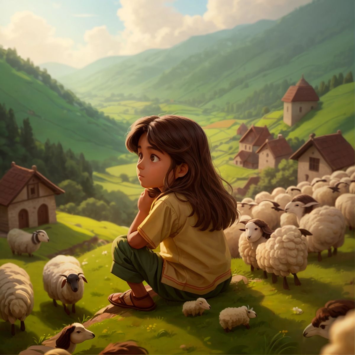 Hella, an 8-year-old boy with long brown hair, watching over sheep on a hillside