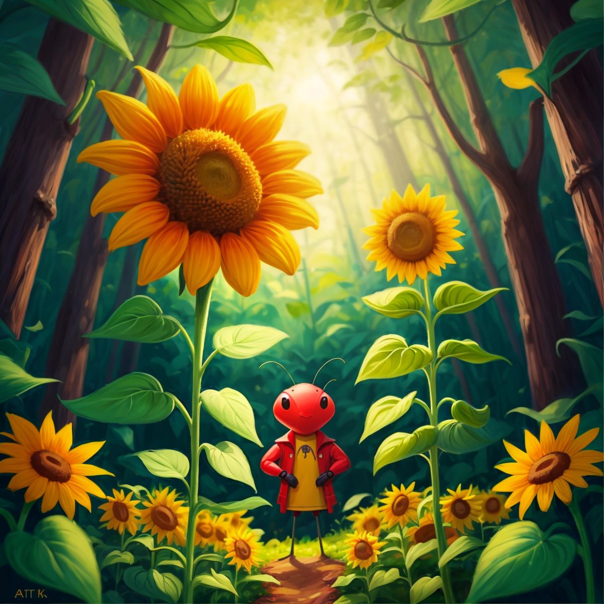 Andy standing near a tall, bright sunflower in a forest