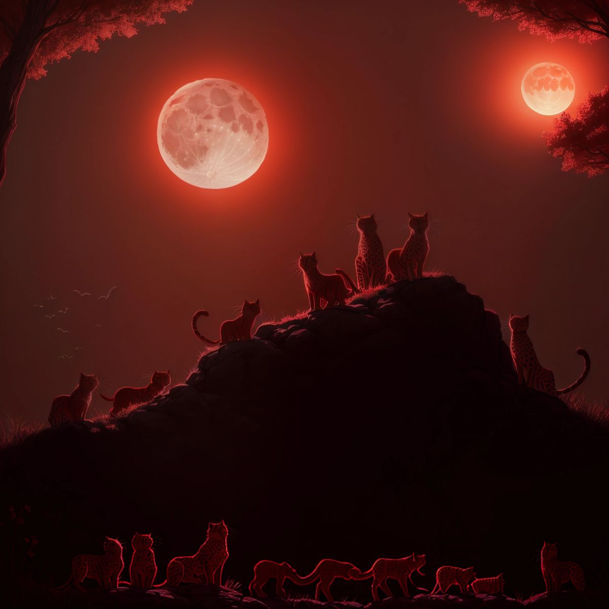 The moon turning red above the gathered cats and cheetahs