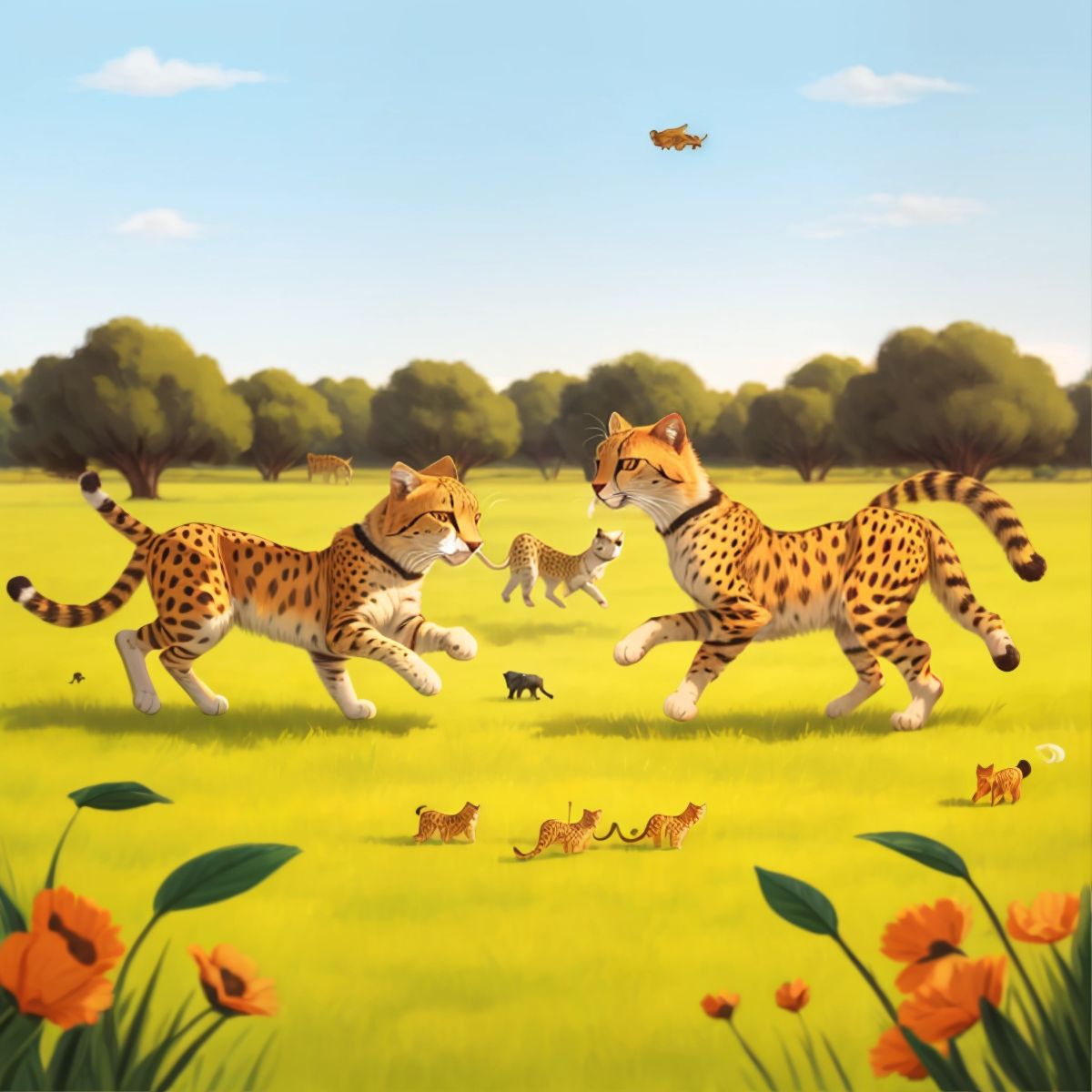 Cats and cheetahs engaging in friendly competitions and challenges