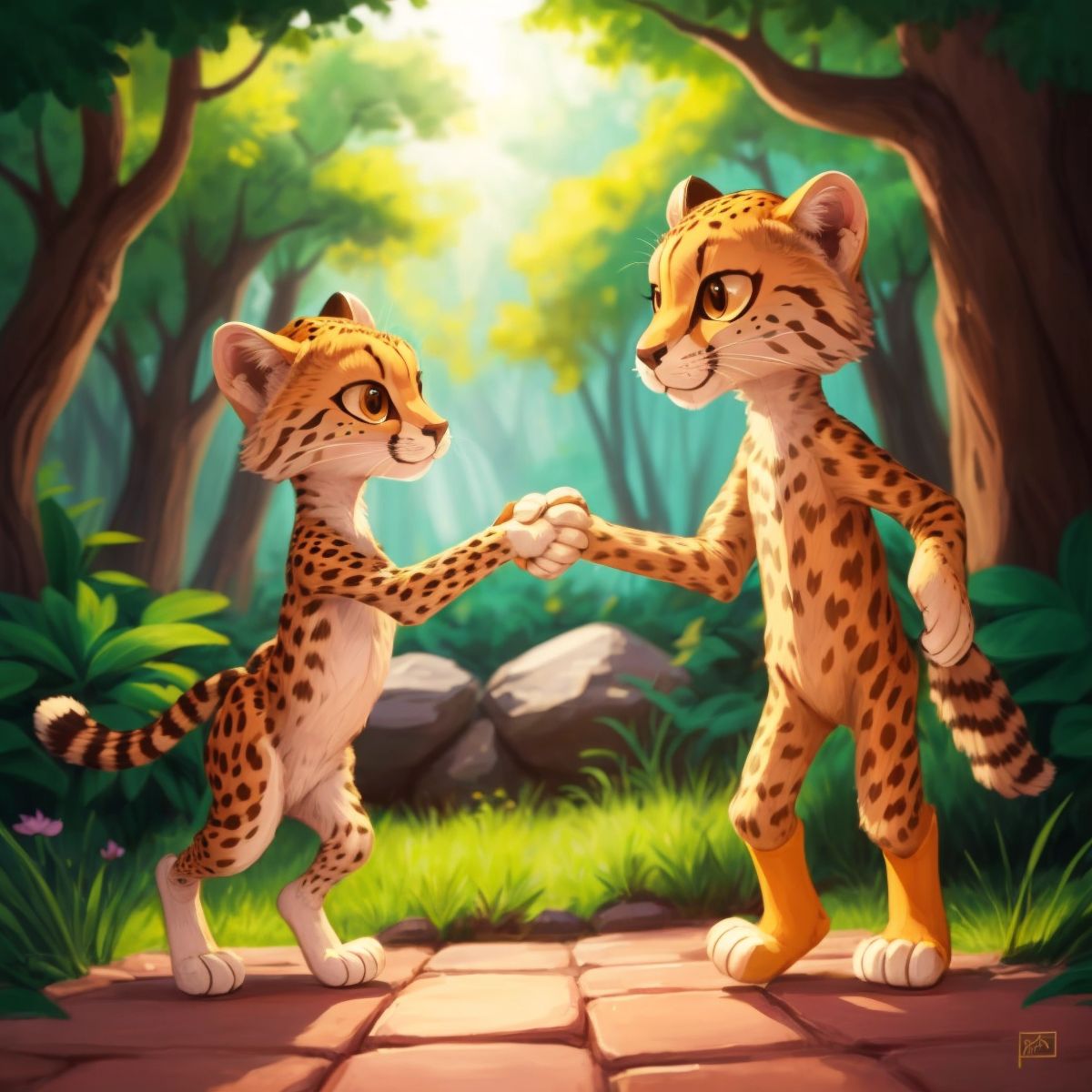 Chief CatLord and Swiftfoot shaking hands, signifying peace between the two races