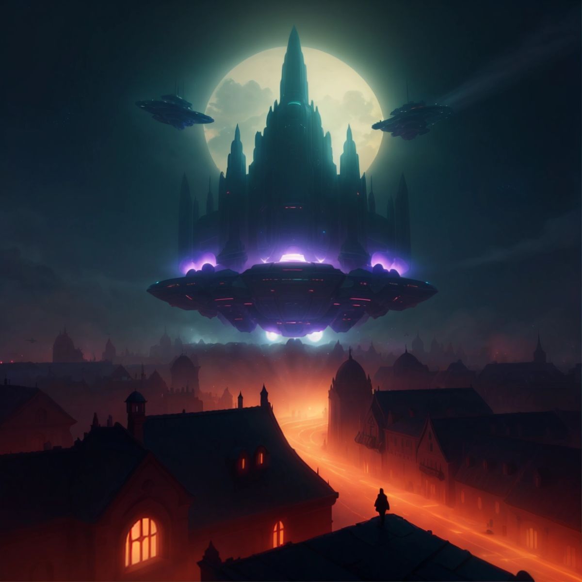 A gigantic spaceship casting a shadow over a town