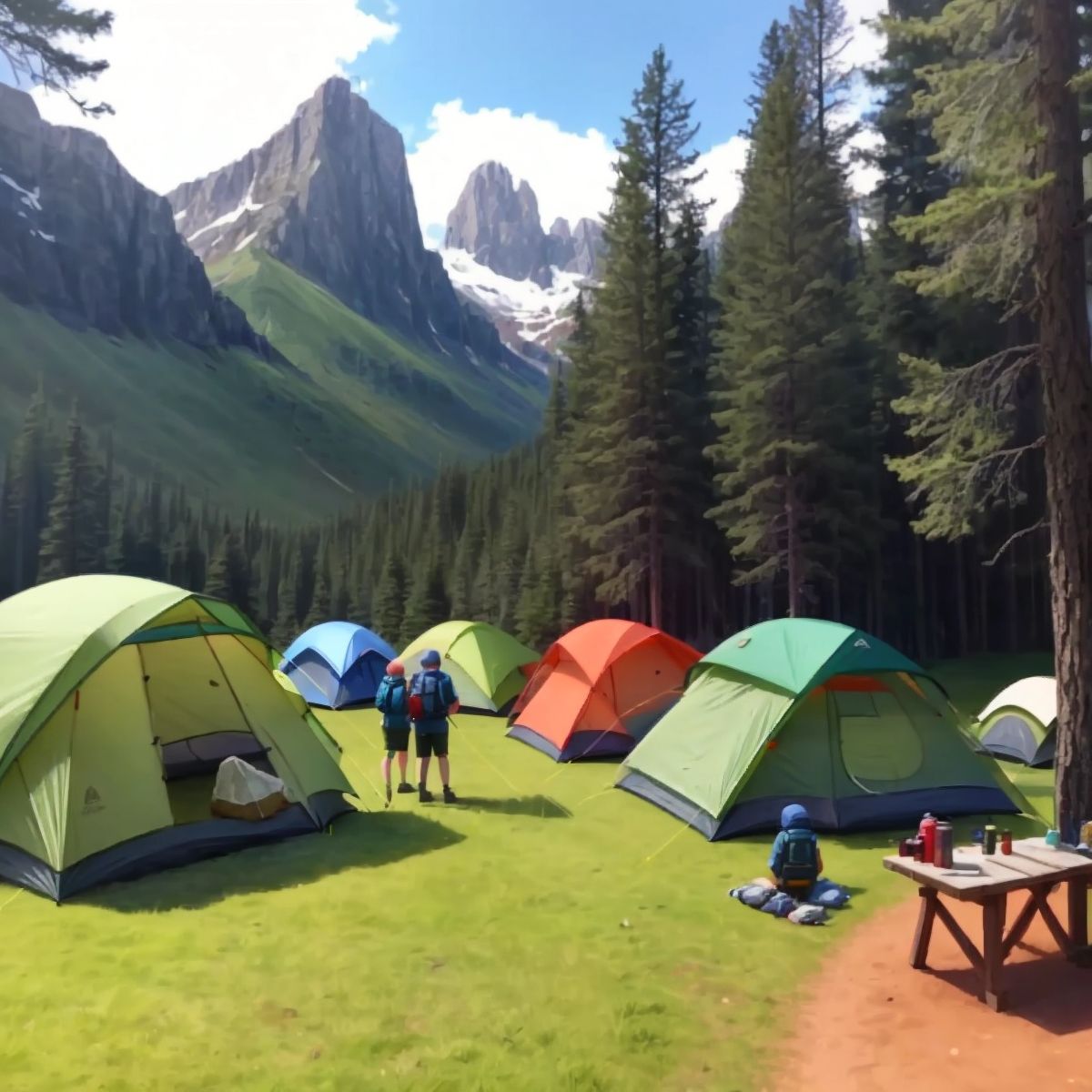 A group of campers setting up their tents in the heart of the park