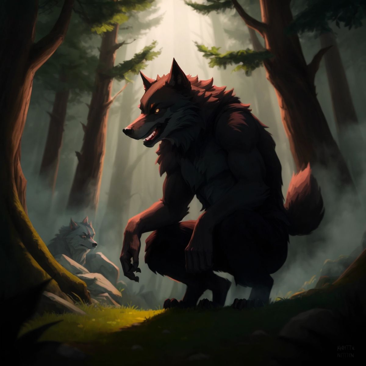 Wofton, the werewolf, emerging from the shadows