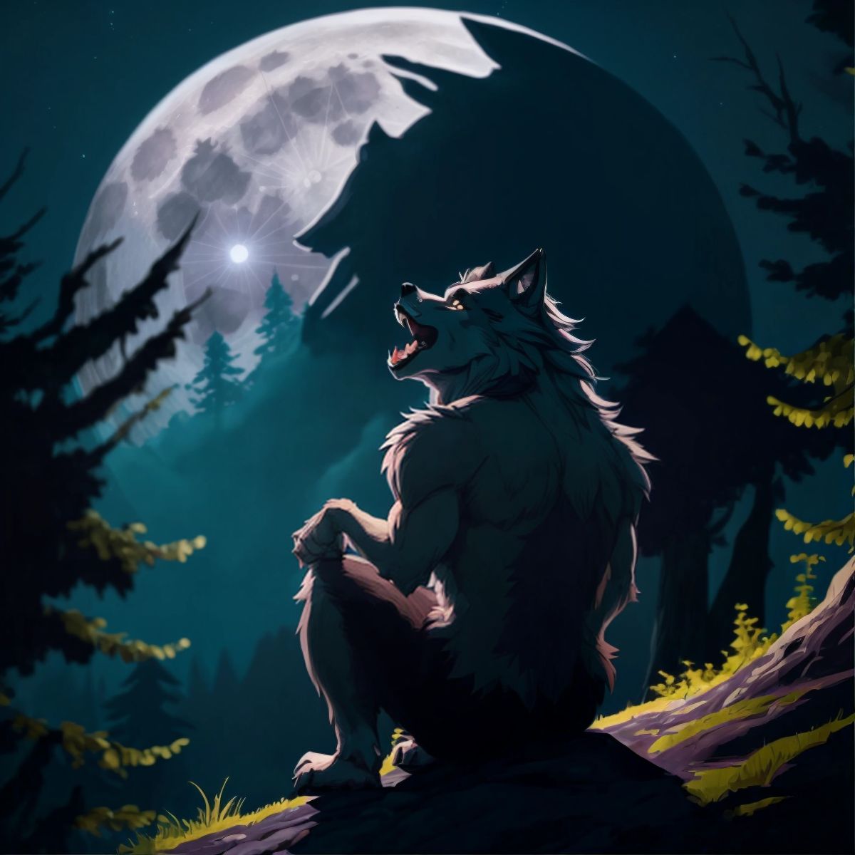 Wofton as a werewolf howling at the moon in the National Park