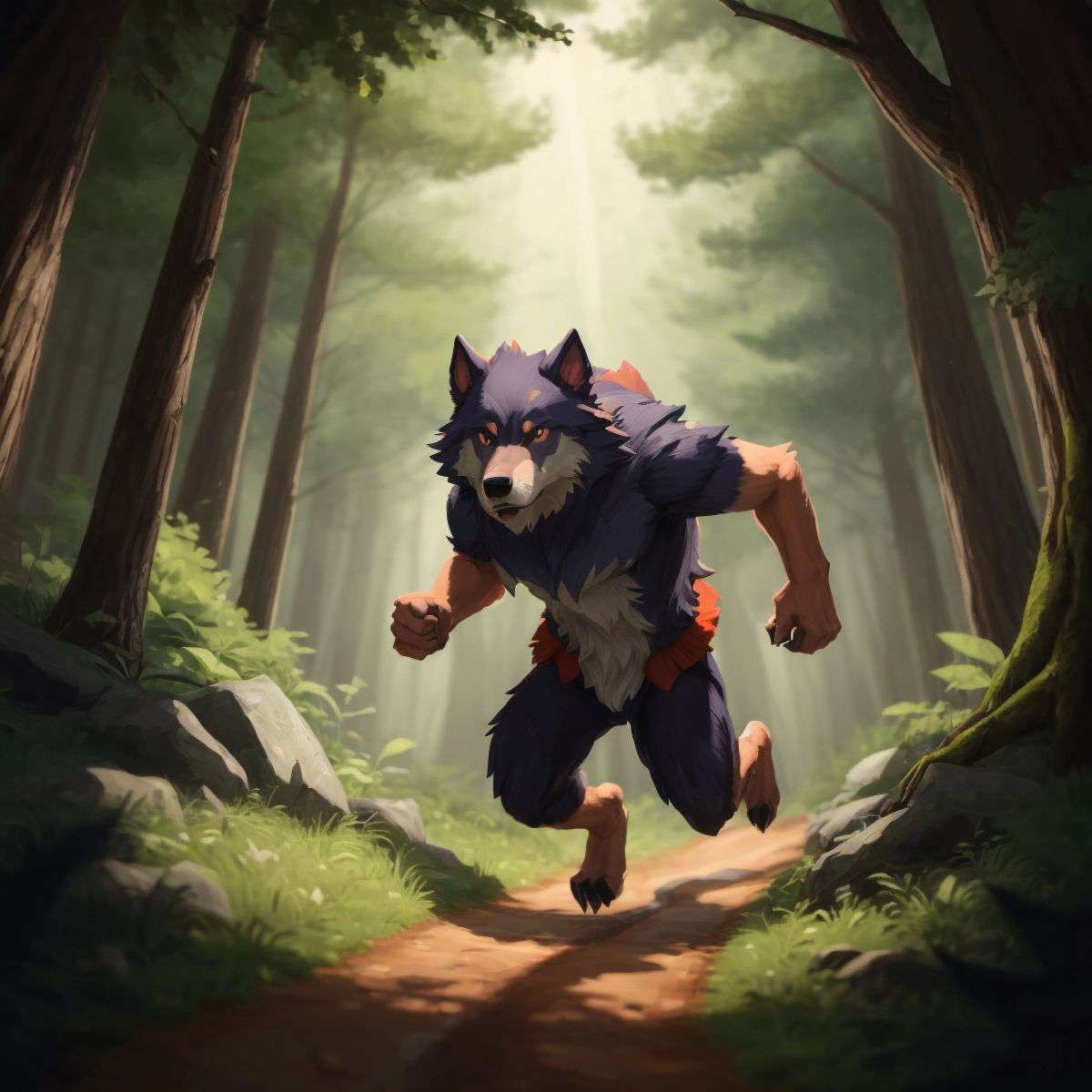 Wofton in werewolf form chasing the campers through the woods