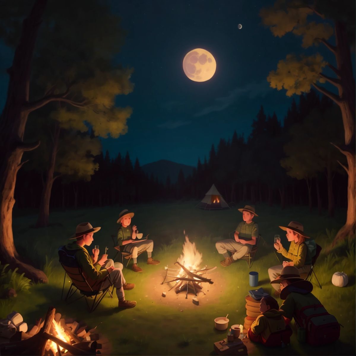 Campers sitting around a campfire under a full moon