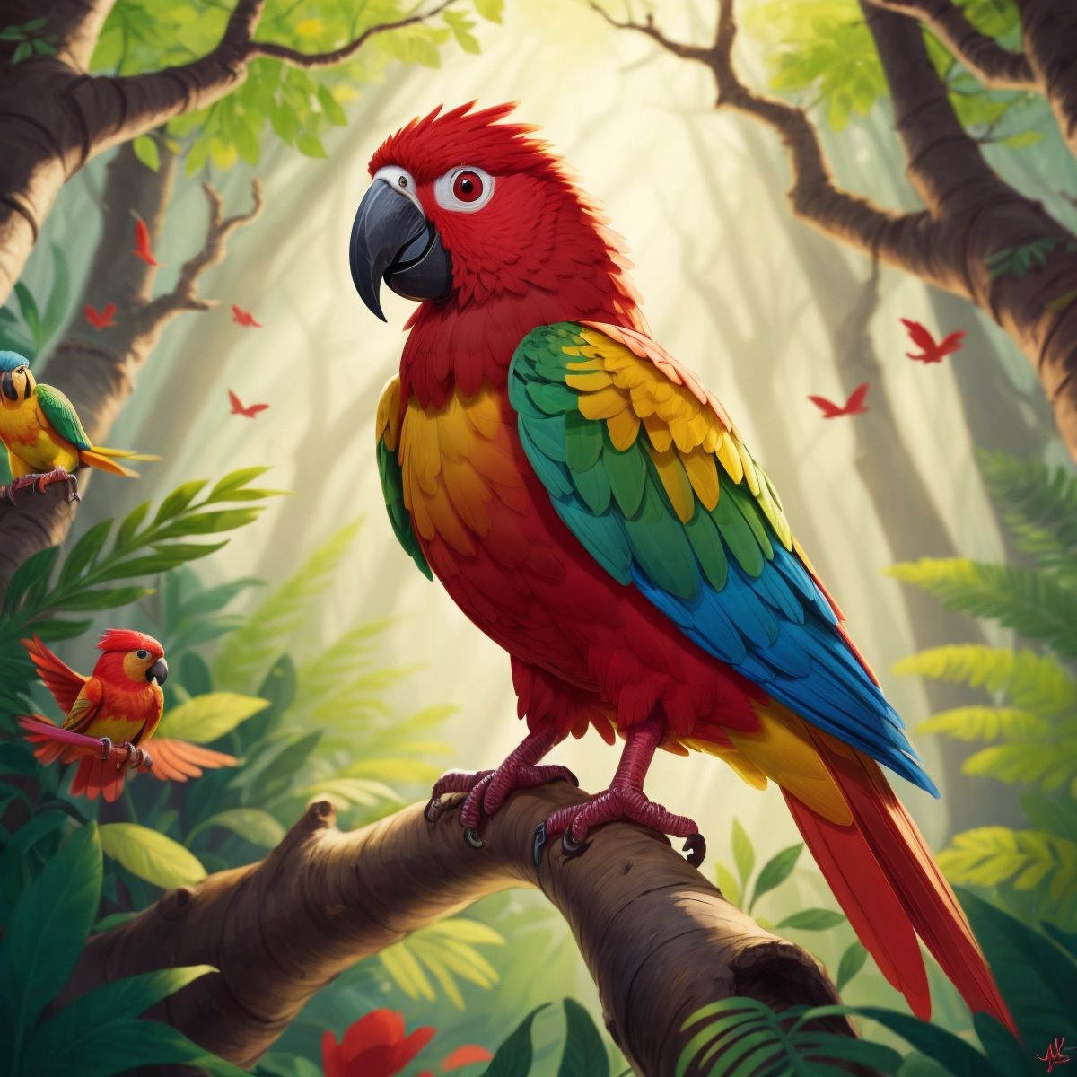 A vibrant red and yellow parrot named Alica