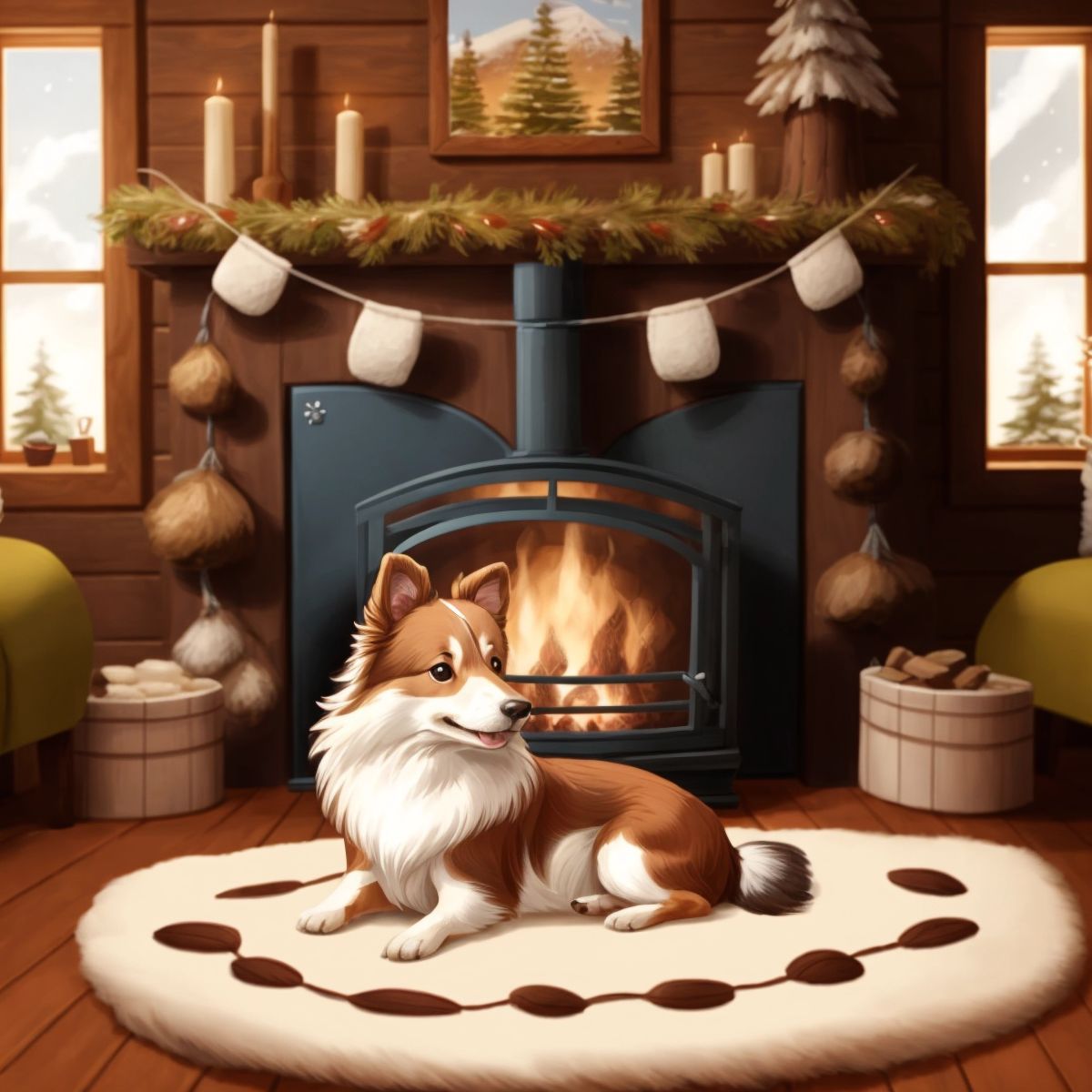 Shep sitting by a fireplace inside a log cabin