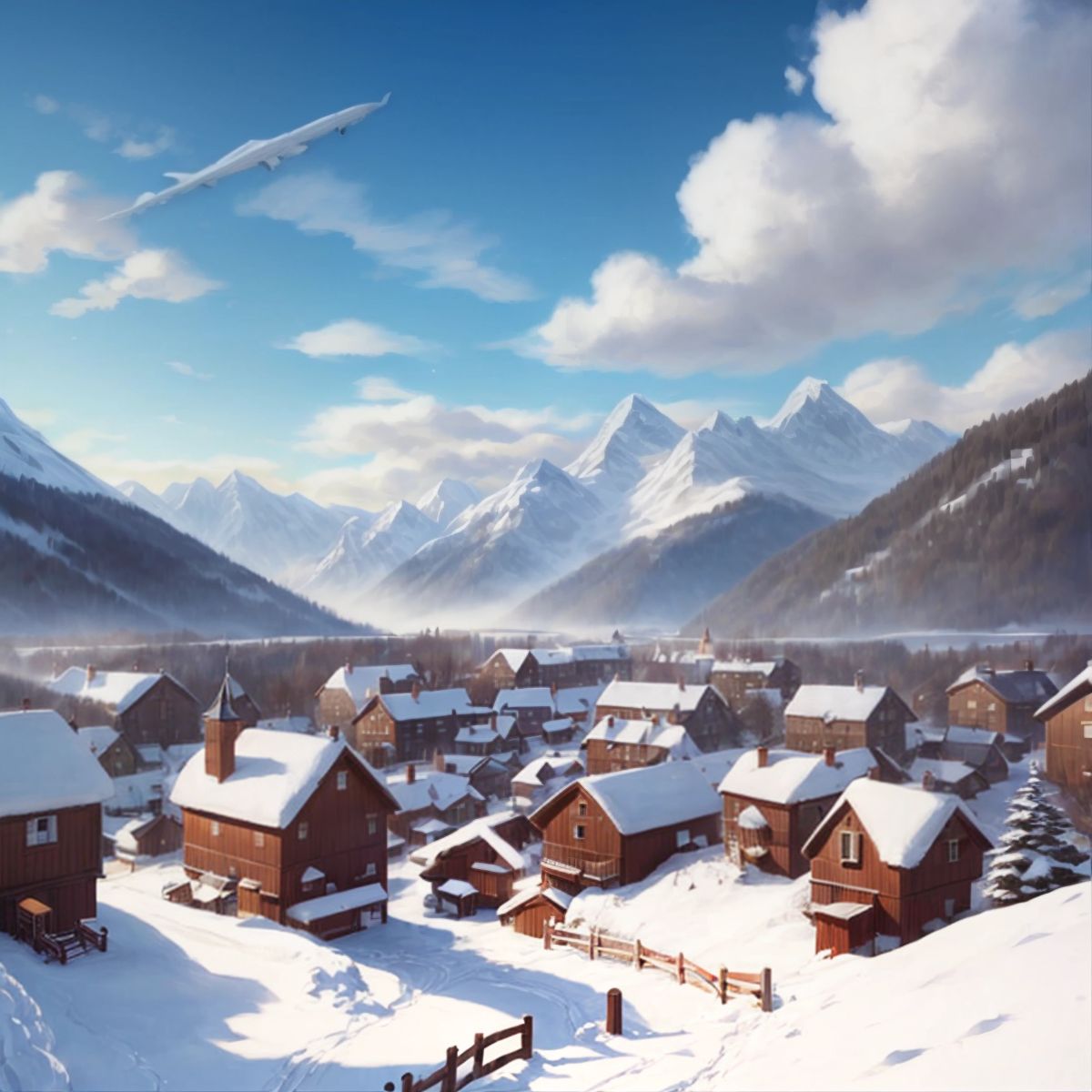 A beautiful snow-capped village nestled in the mountains