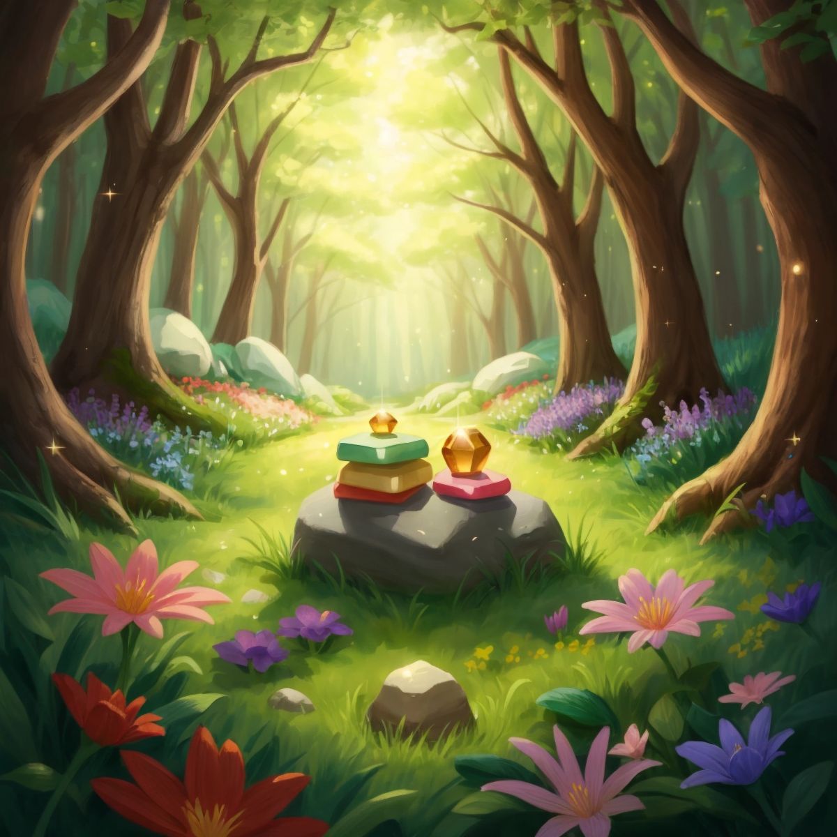 Two sparkling stones hidden beneath a bed of flowers