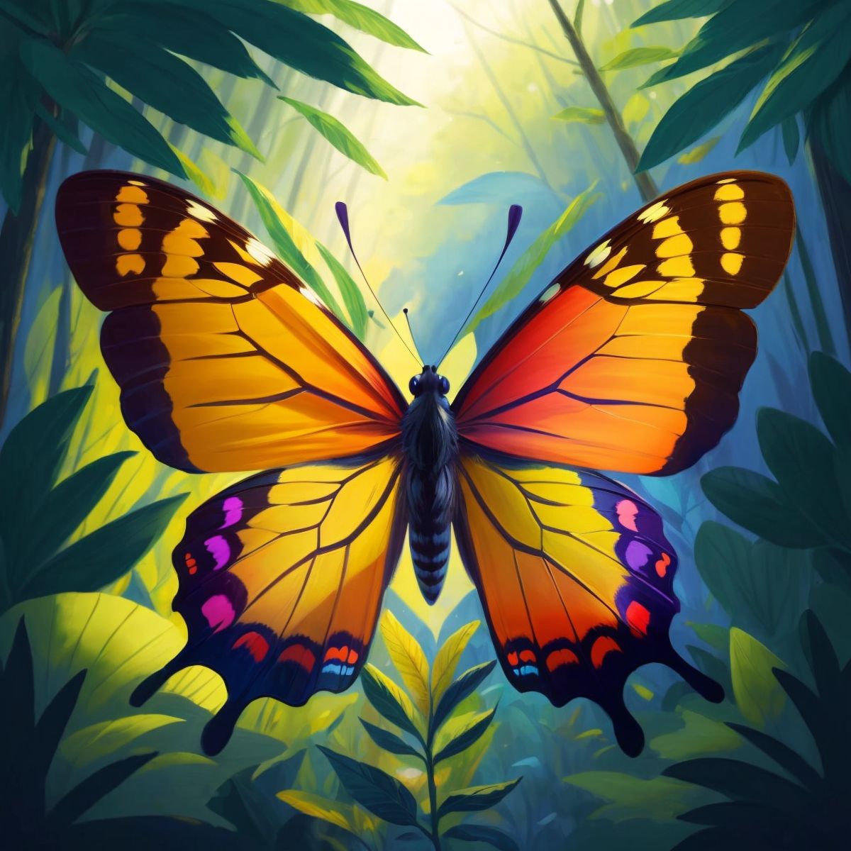 A colorful butterfly with the word 'butterfly' written backward on its wings