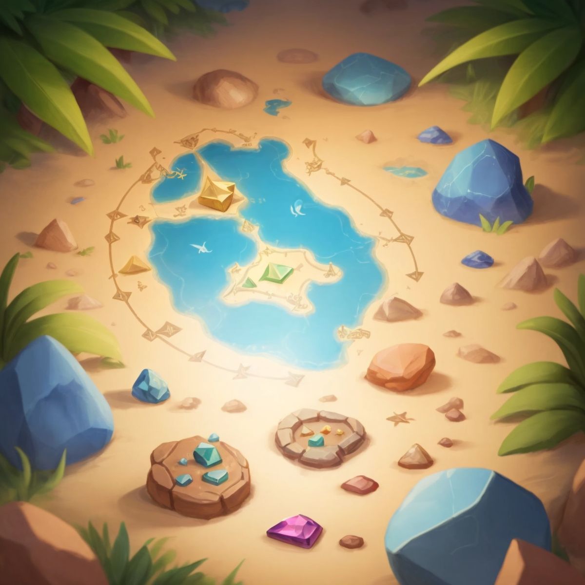 A treasure map with two magical stones drawn on it