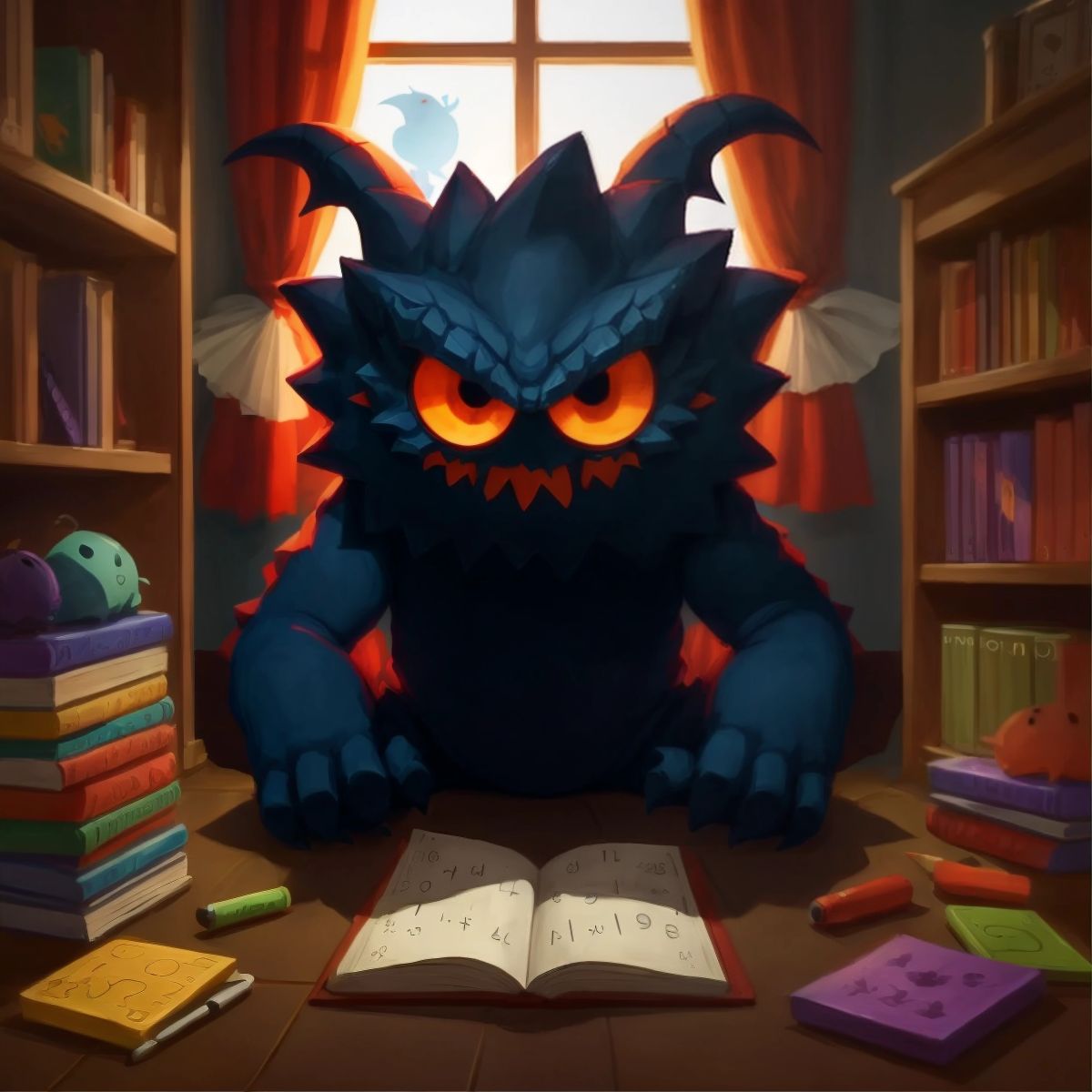 Shadow monster with math problems and spelling words surrounding it