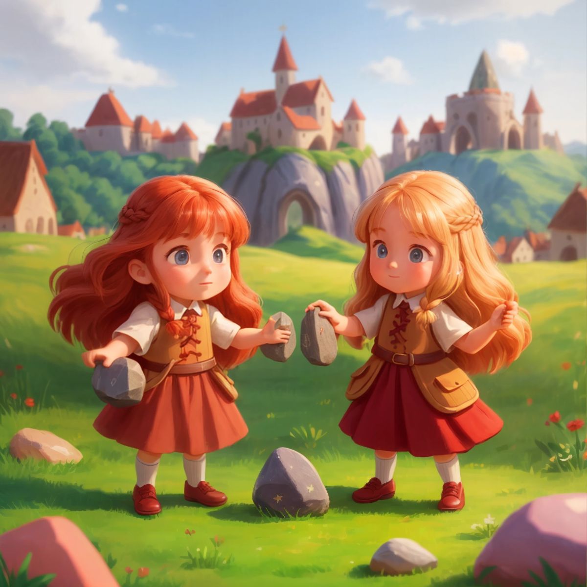 Lexington and Sloan holding the magical stones, with the village in the background