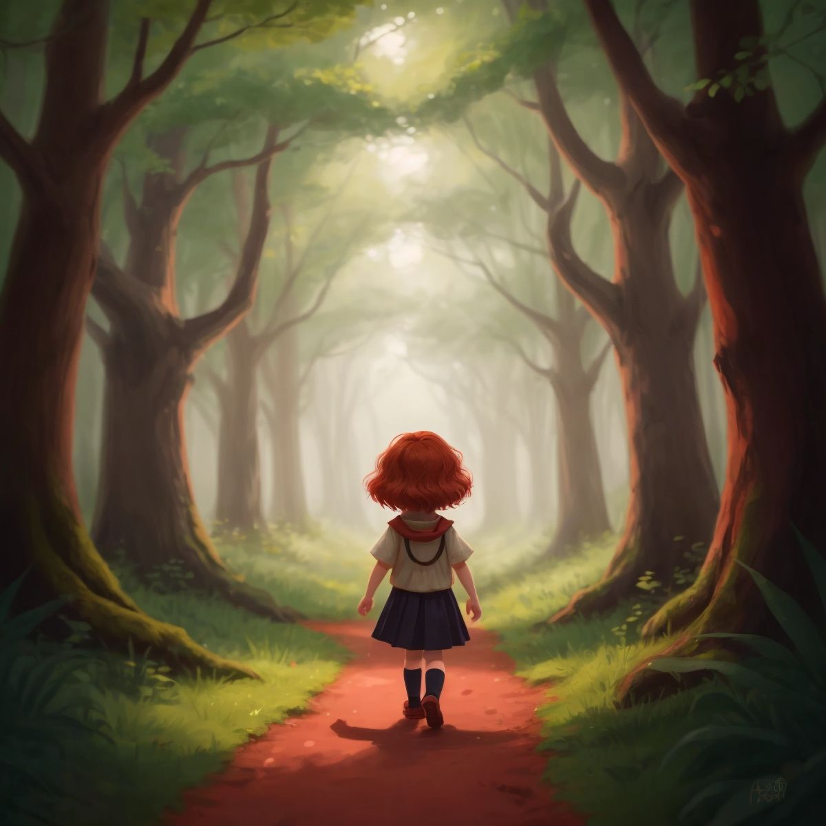 Sloan walking through a dark forest