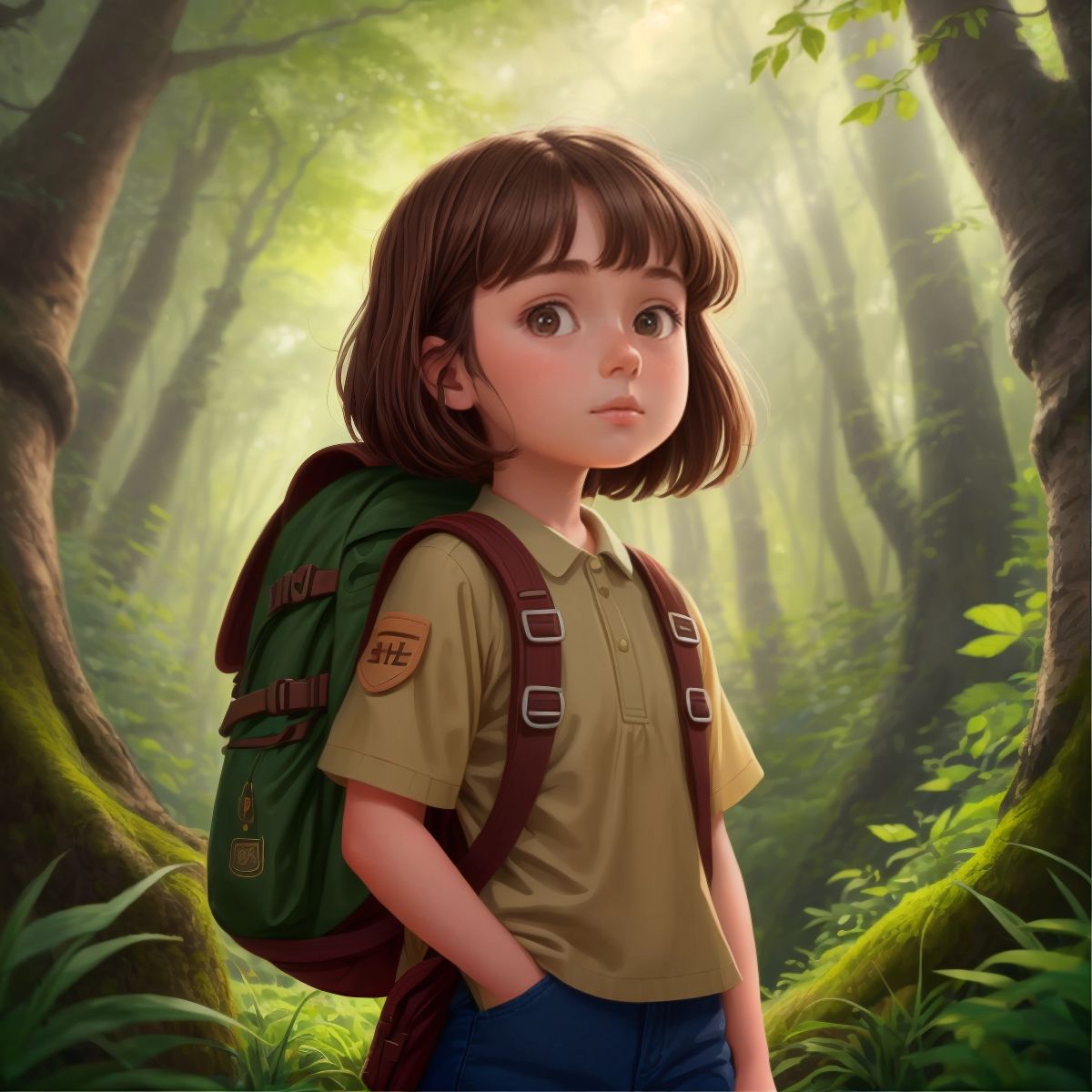 Tori standing in front of a forest with a backpack