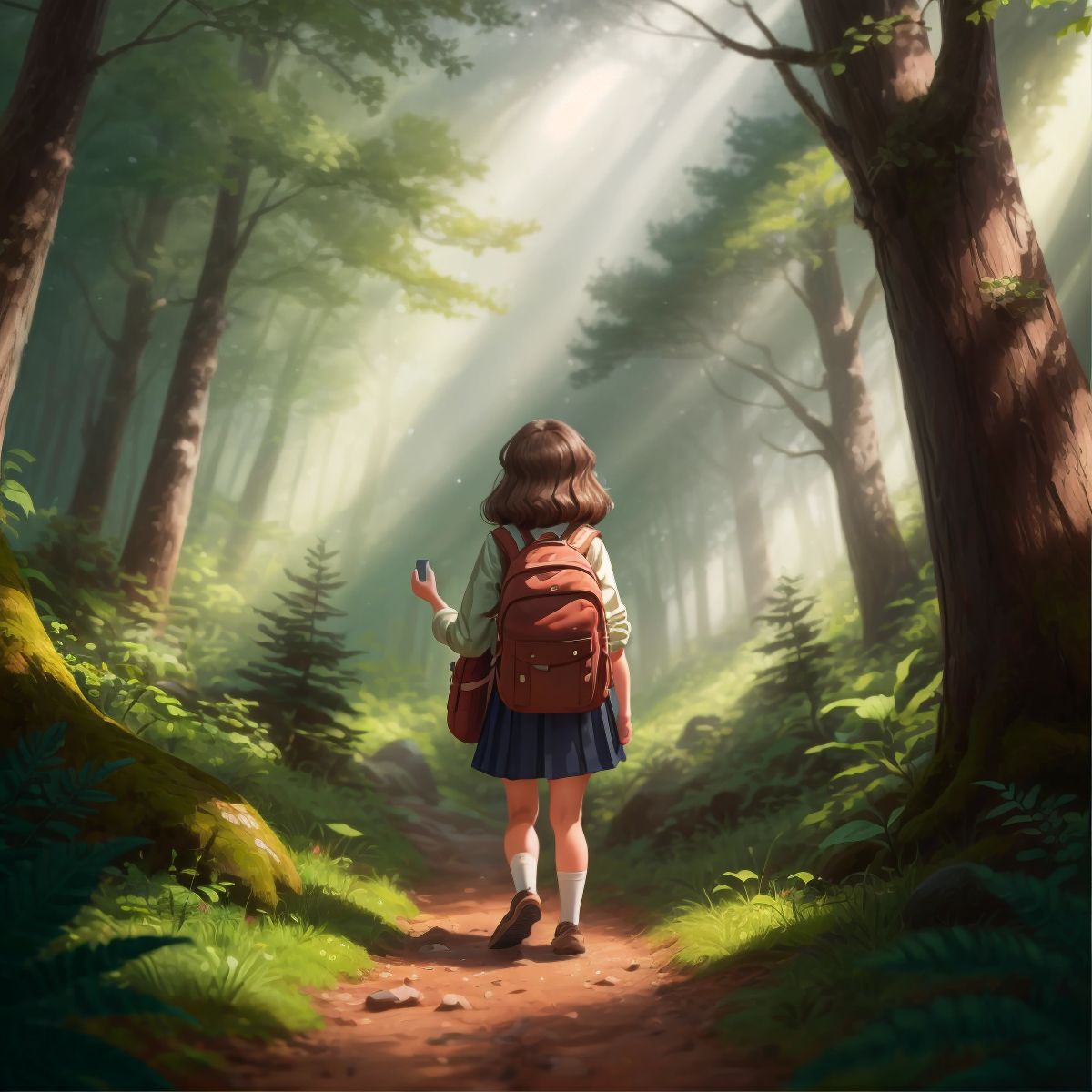 Tori walking through the forest with a backpack