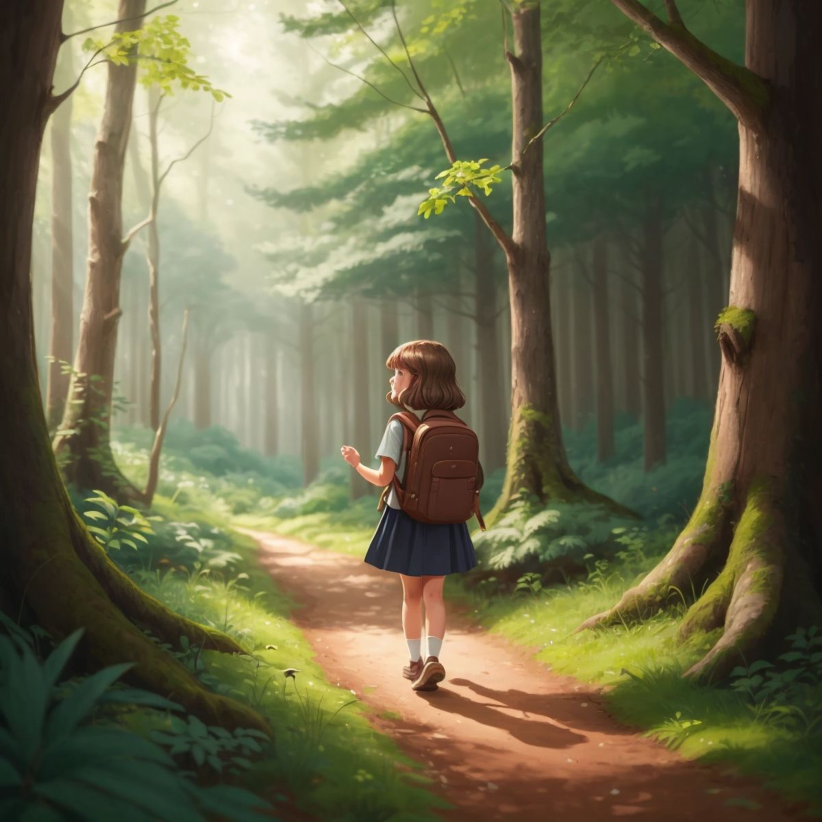 Tori walking through the forest with a backpack