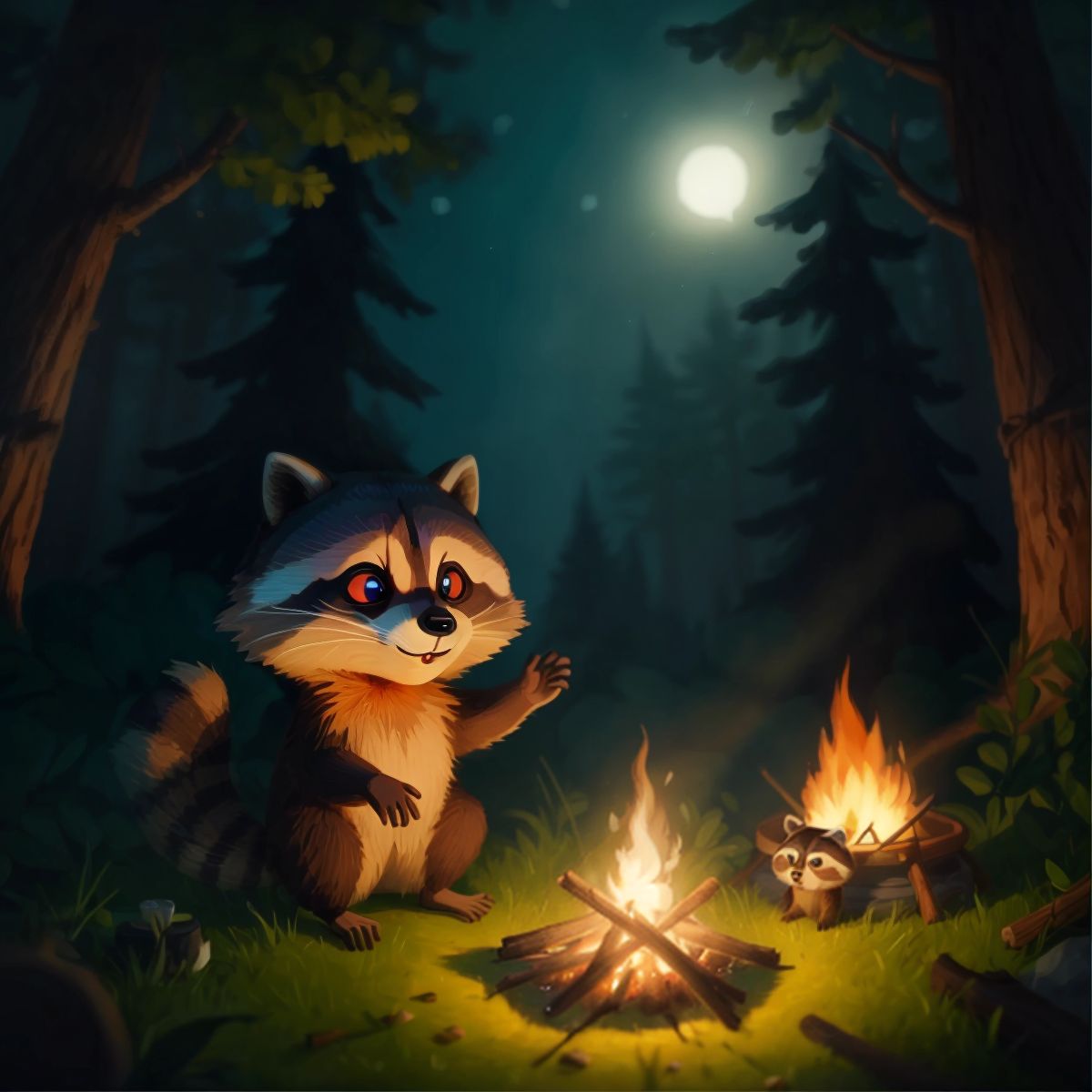 A friendly raccoon with glowing eyes