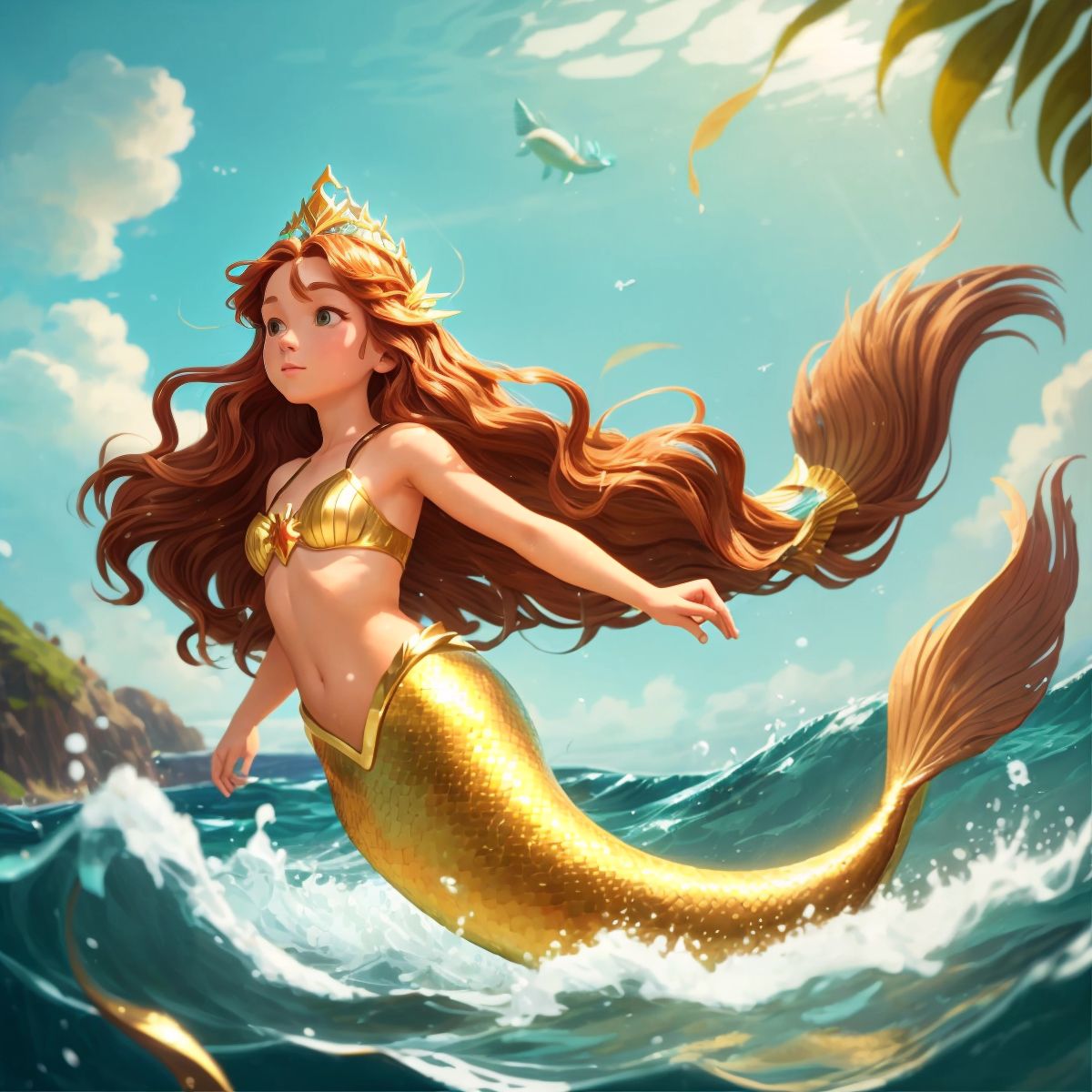 Mermaid queen with golden tail and flowing brown hair swimming in the ocean