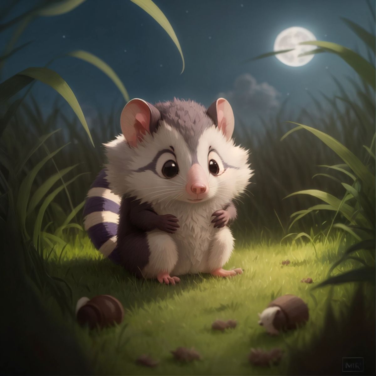 A sneaky opossum with a fluffy tail and clever eyes