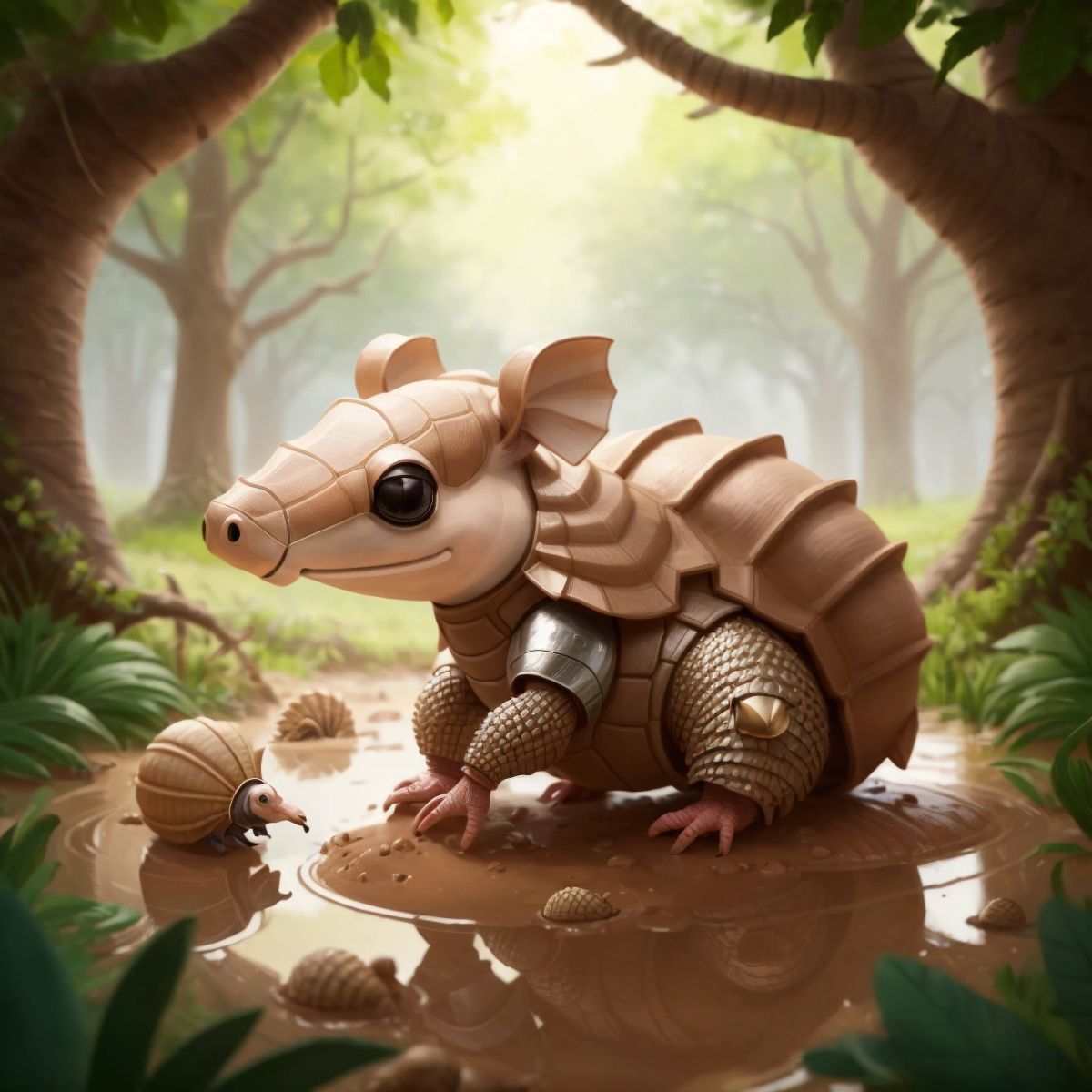 A curious armadillo with an armored shell and tiny eyes