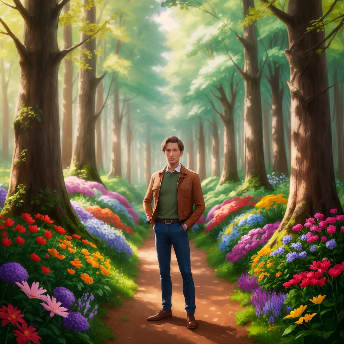 Beto standing in a beautiful forest full of tall trees and colorful flowers