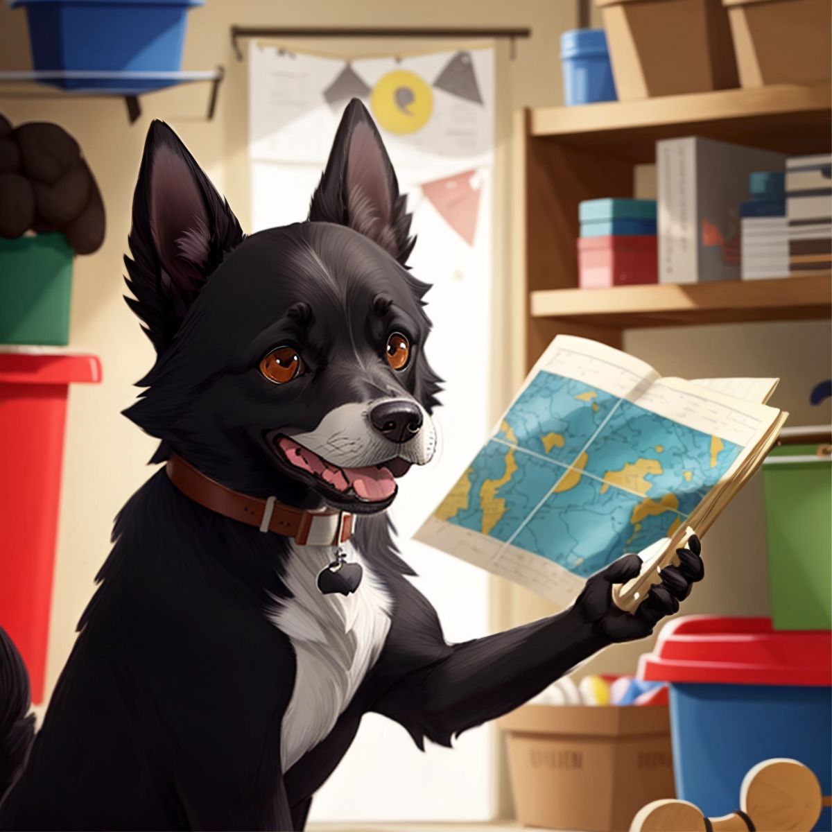 Pedro looking at a map found in a garage closet