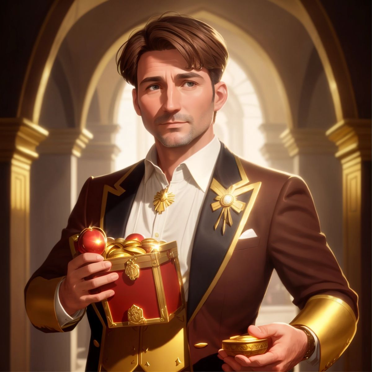 Beto holding a chest full of gold coins and shiny jewels