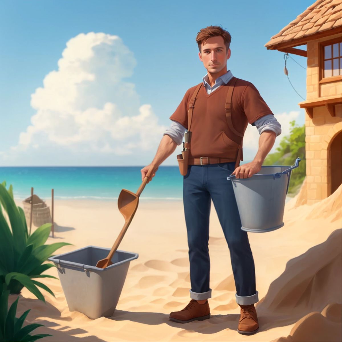 Beto holding a shovel and a bucket with a laptop open showing a sandcastle design