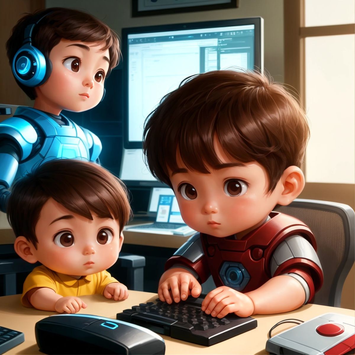 Alex and Aria at a computer, coding a protective shield