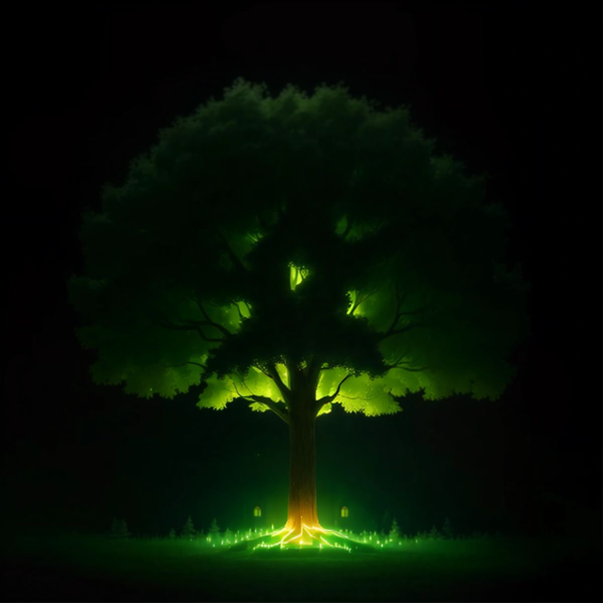 A glowing tree made of code