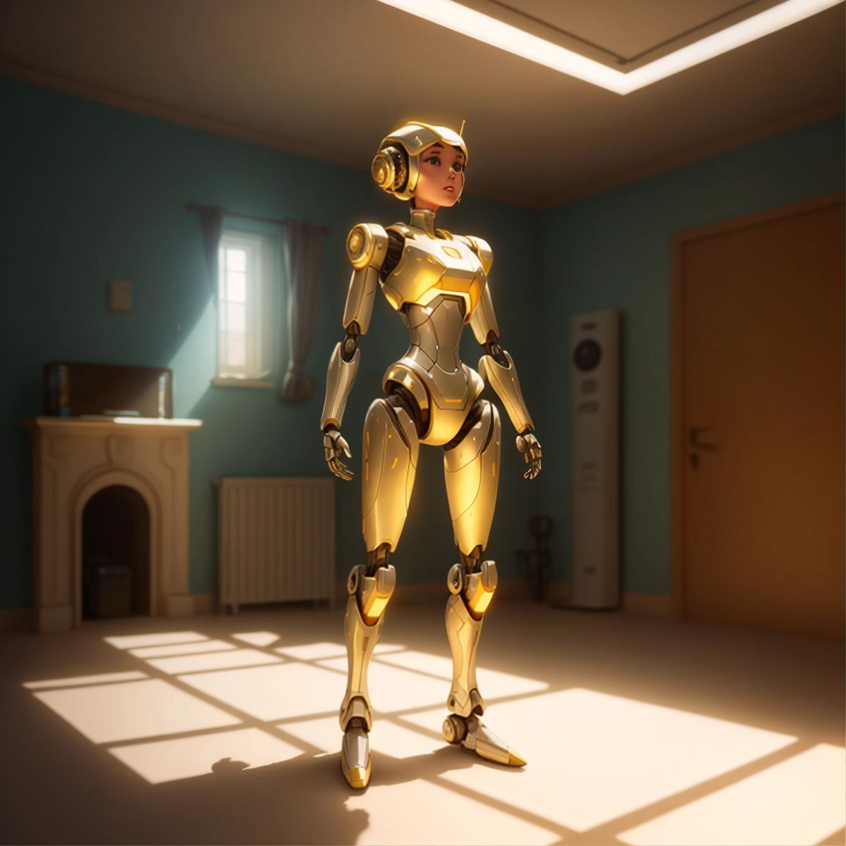 Aria, a female robot, standing in a room