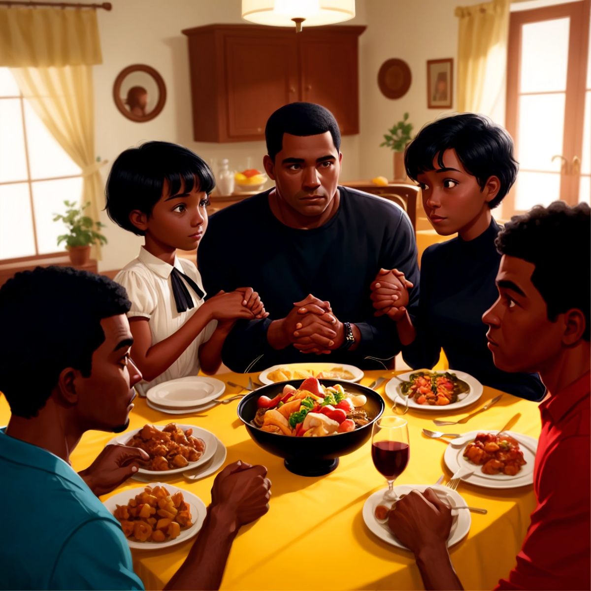 Brian holding hands with his family at the dinner table