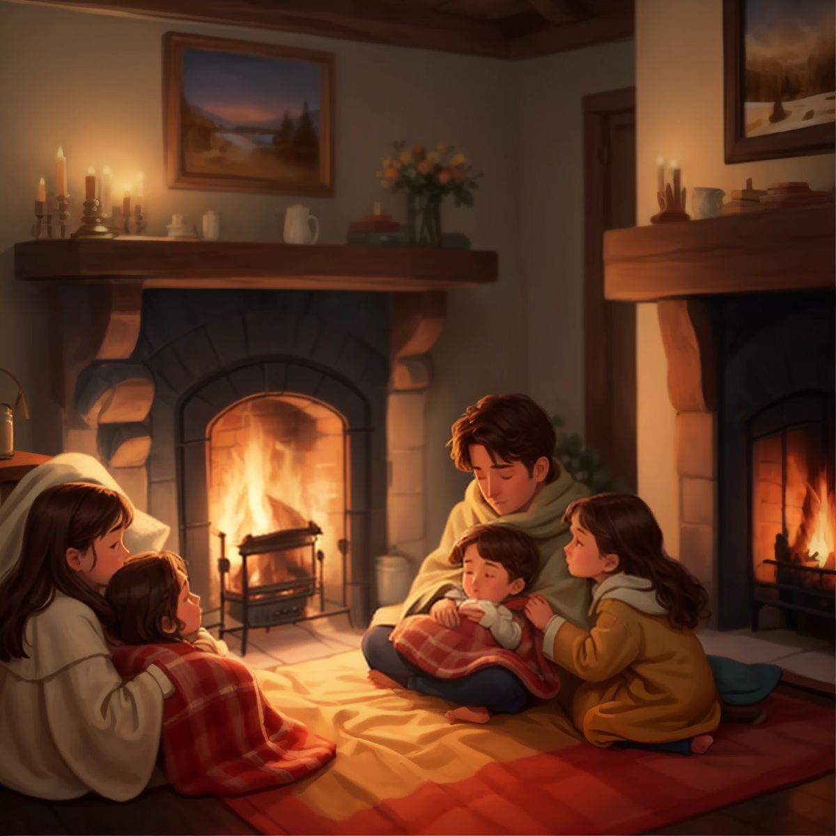 The family cuddled under warm blankets by a cozy fireplace