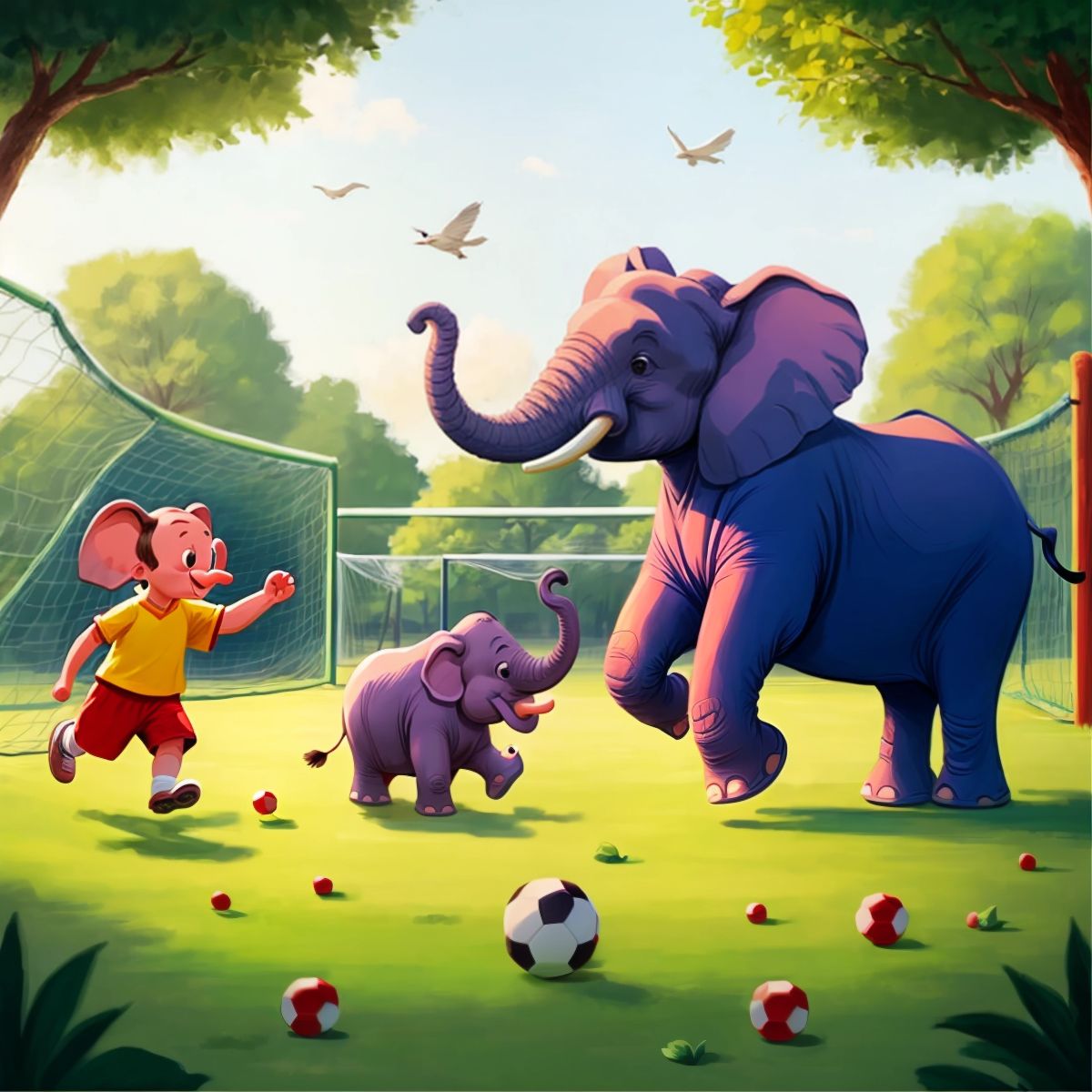 Elephants playing a friendly soccer match