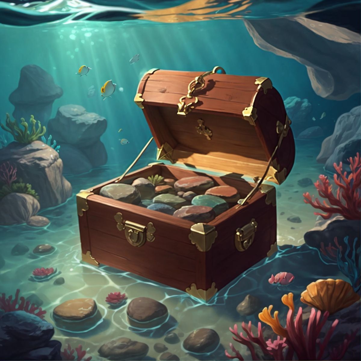 A treasure chest nestled among underwater rocks