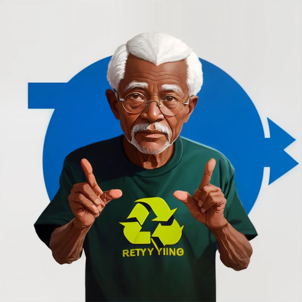 Papi Charles speaking with a recycling symbol in the background