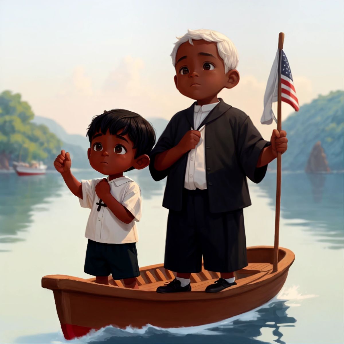 Bell and Papi Charles on a boat with a pledge in their hands