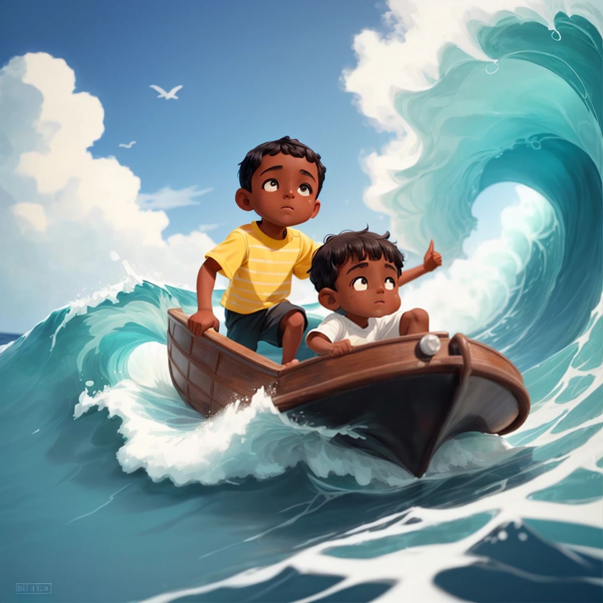 Bell and Papi Charles on a boat facing a large wave