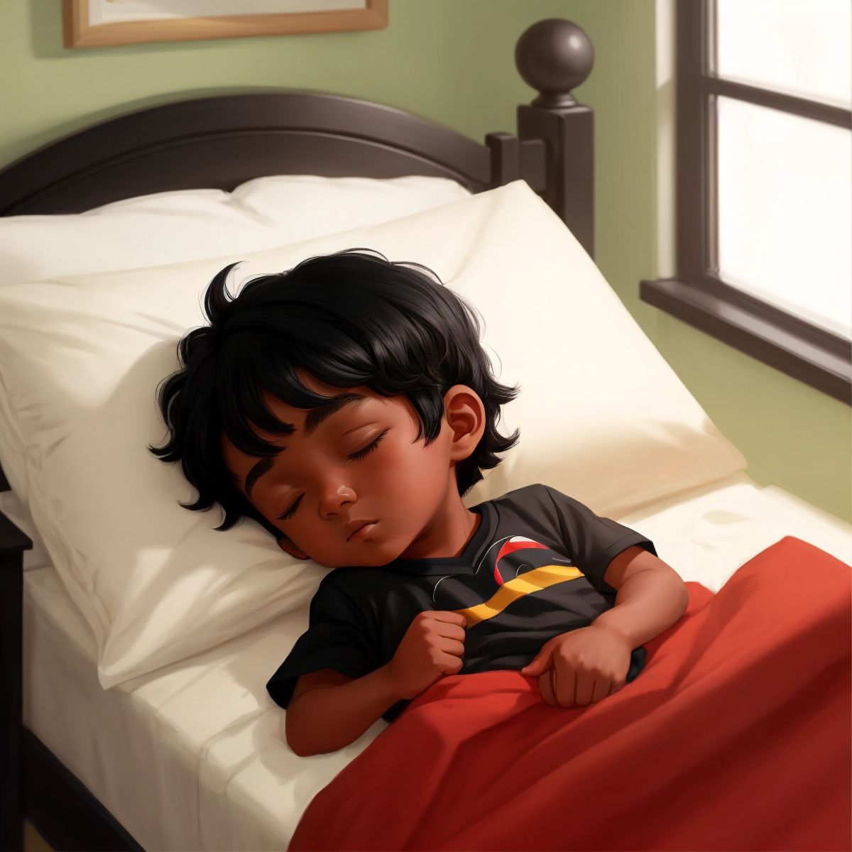 Aziz sleeping peacefully in his bed