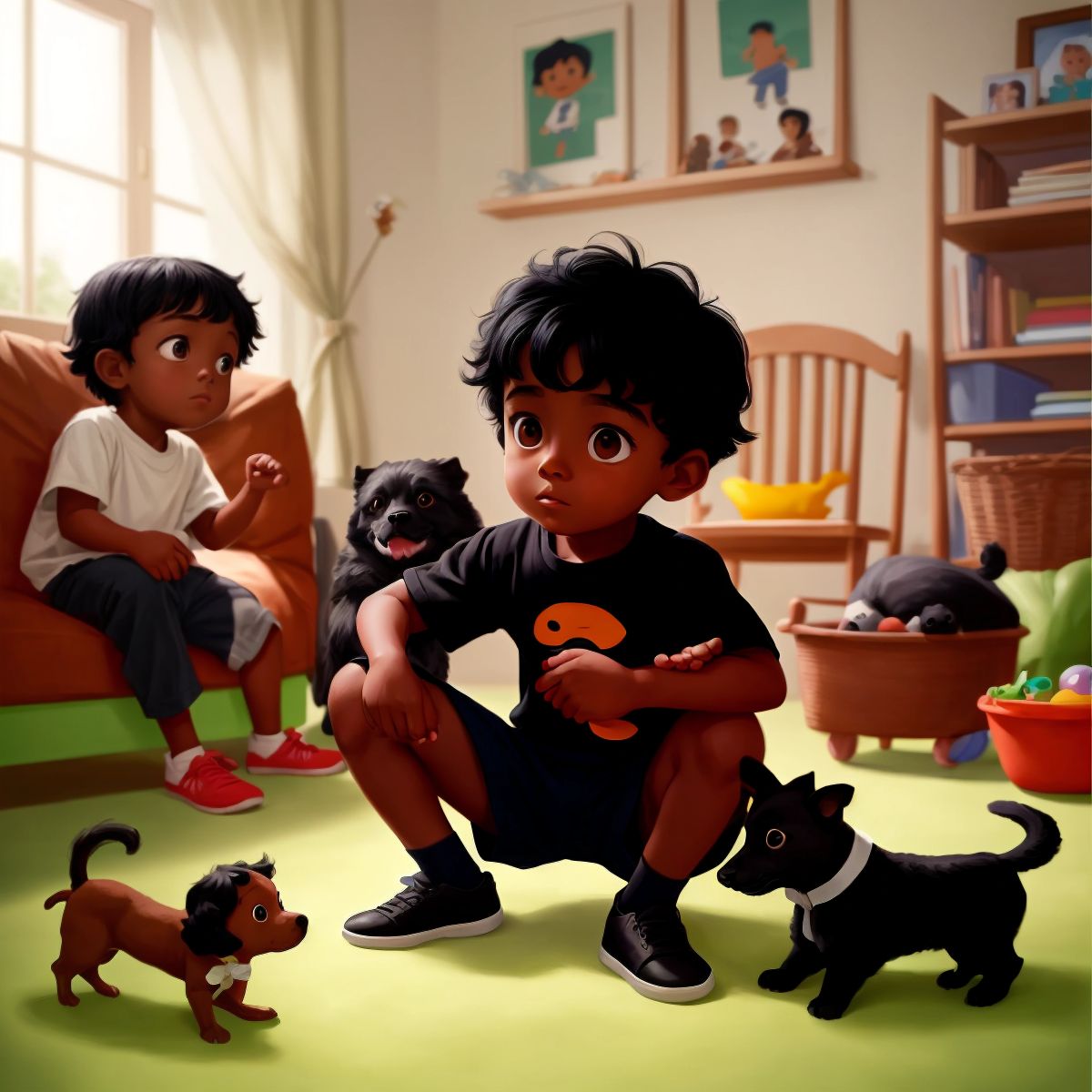 Aziz playing with other children and pets