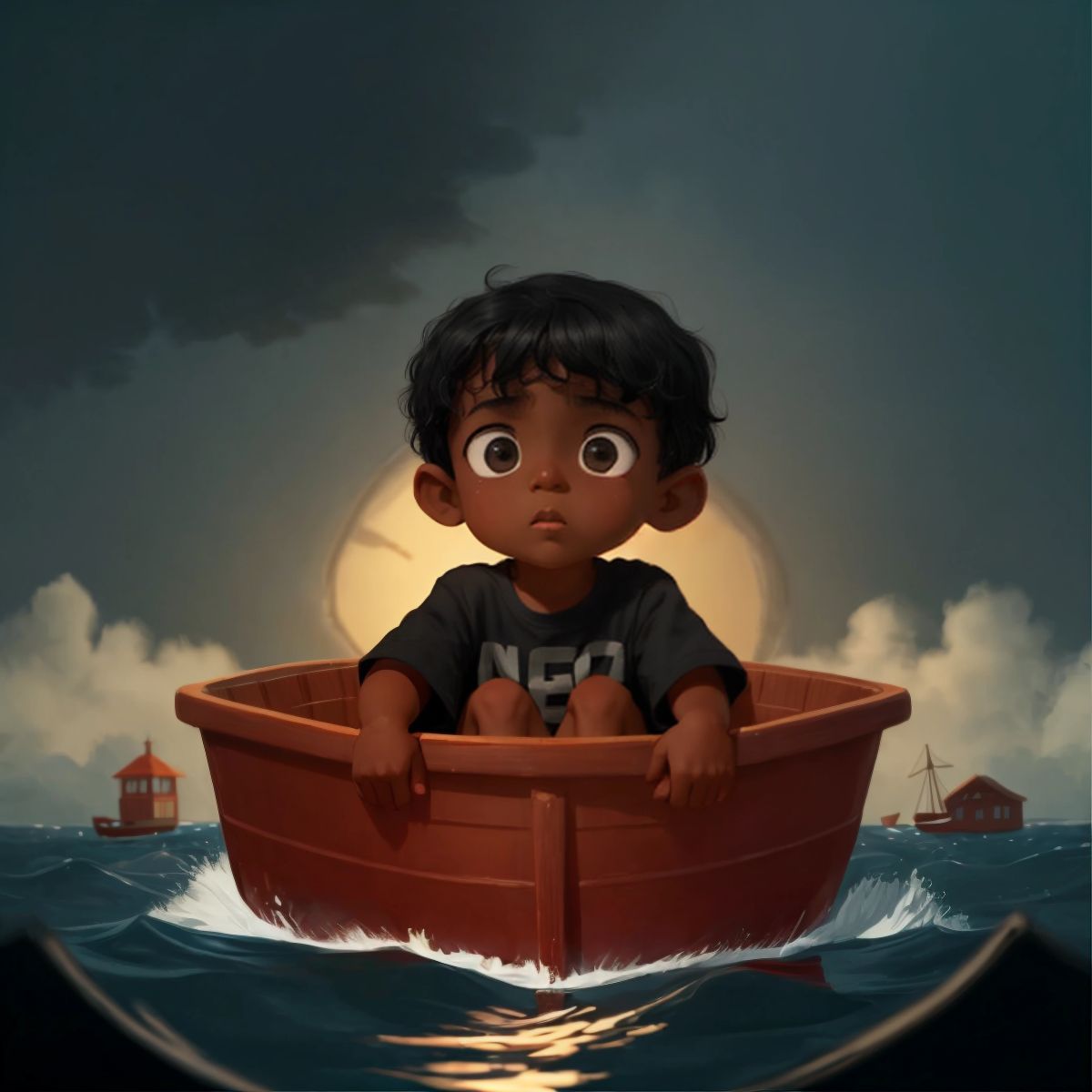 Aziz looking scared in a sinking boat
